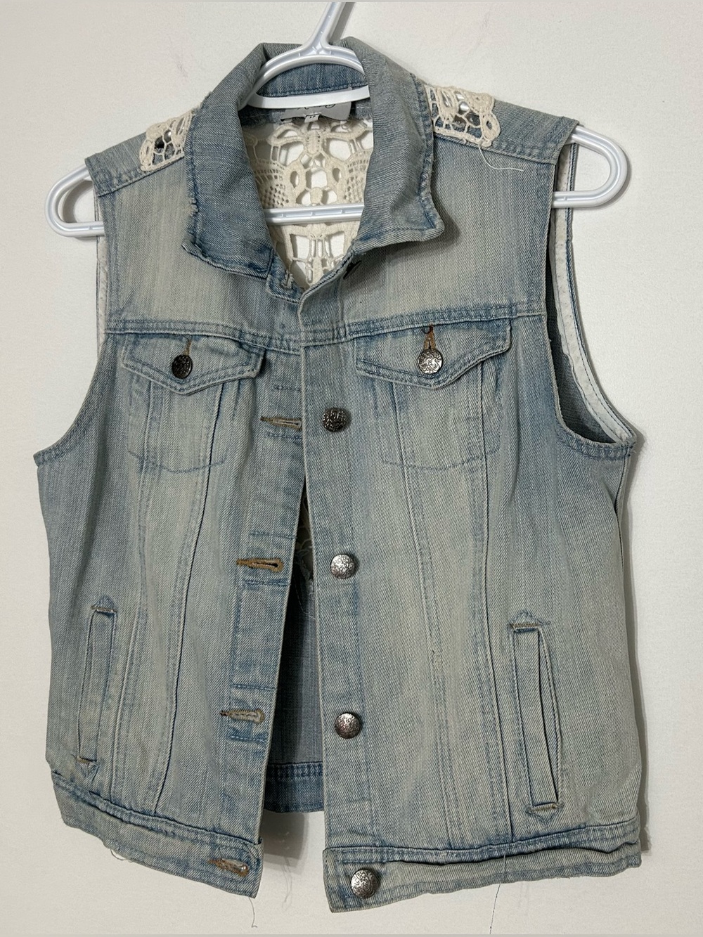 Light Wash Denim Sleeveless Vest with Lace Trim